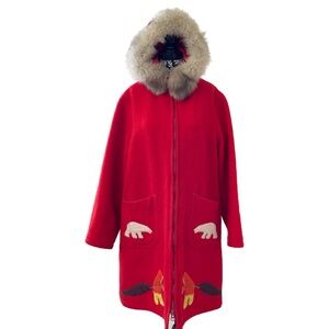 Vintage Wool Fur INUVIK Parka Red Polar Bear Applique Delta Braid 70’s Rare Coat
